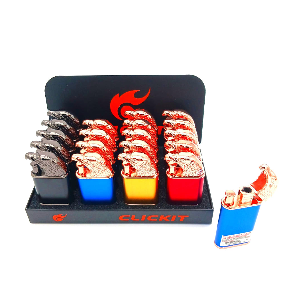 Clickit Eagle single torch lighter mix color 20 pcs display pack with strong jet flame, durable build, and compact portable design for everyday use.