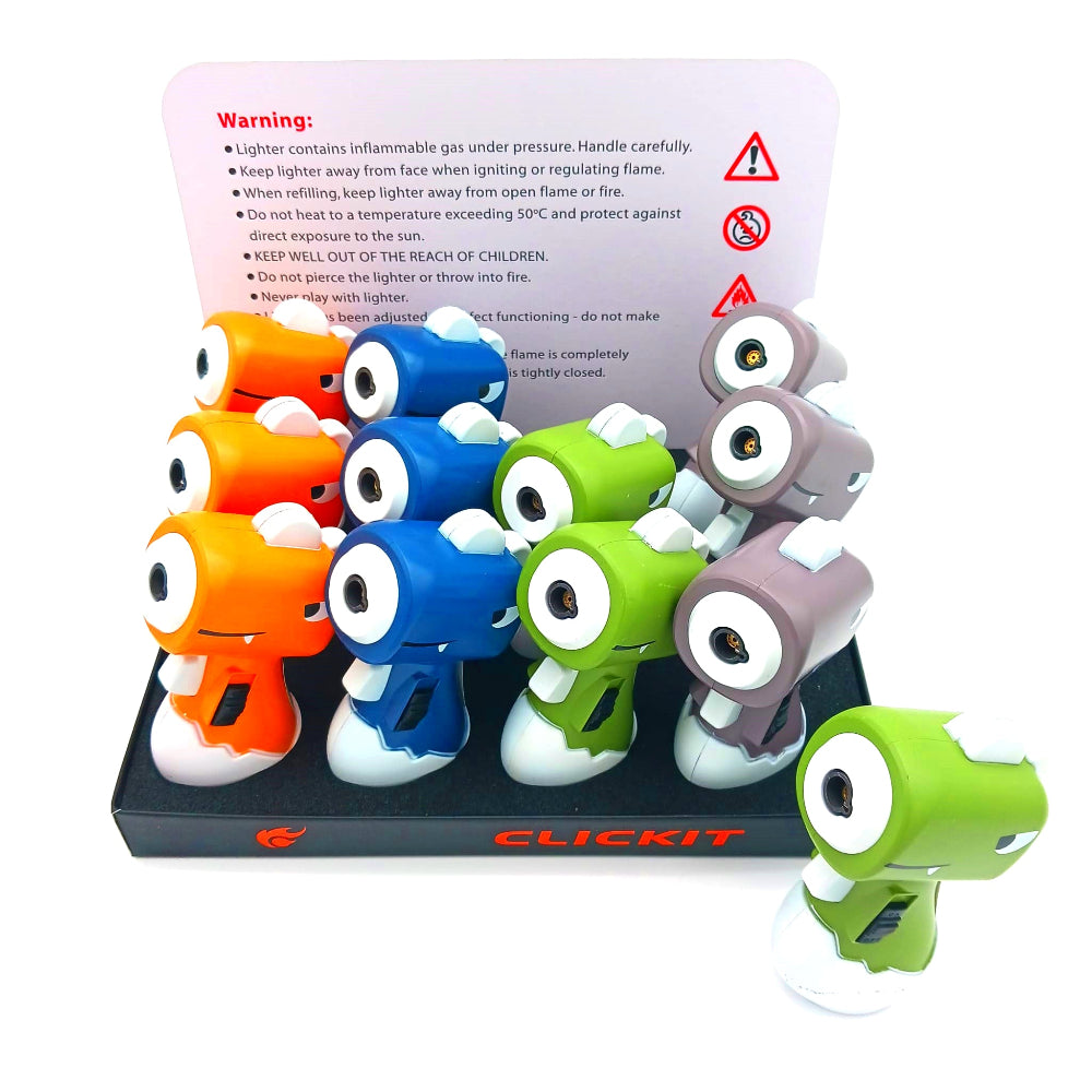 Clickit GT-036 mini cartoon dinosaur torch lighter 12 pieces per box, featuring a cute dinosaur design, strong jet flame, and durable build for reliable and fun everyday use.