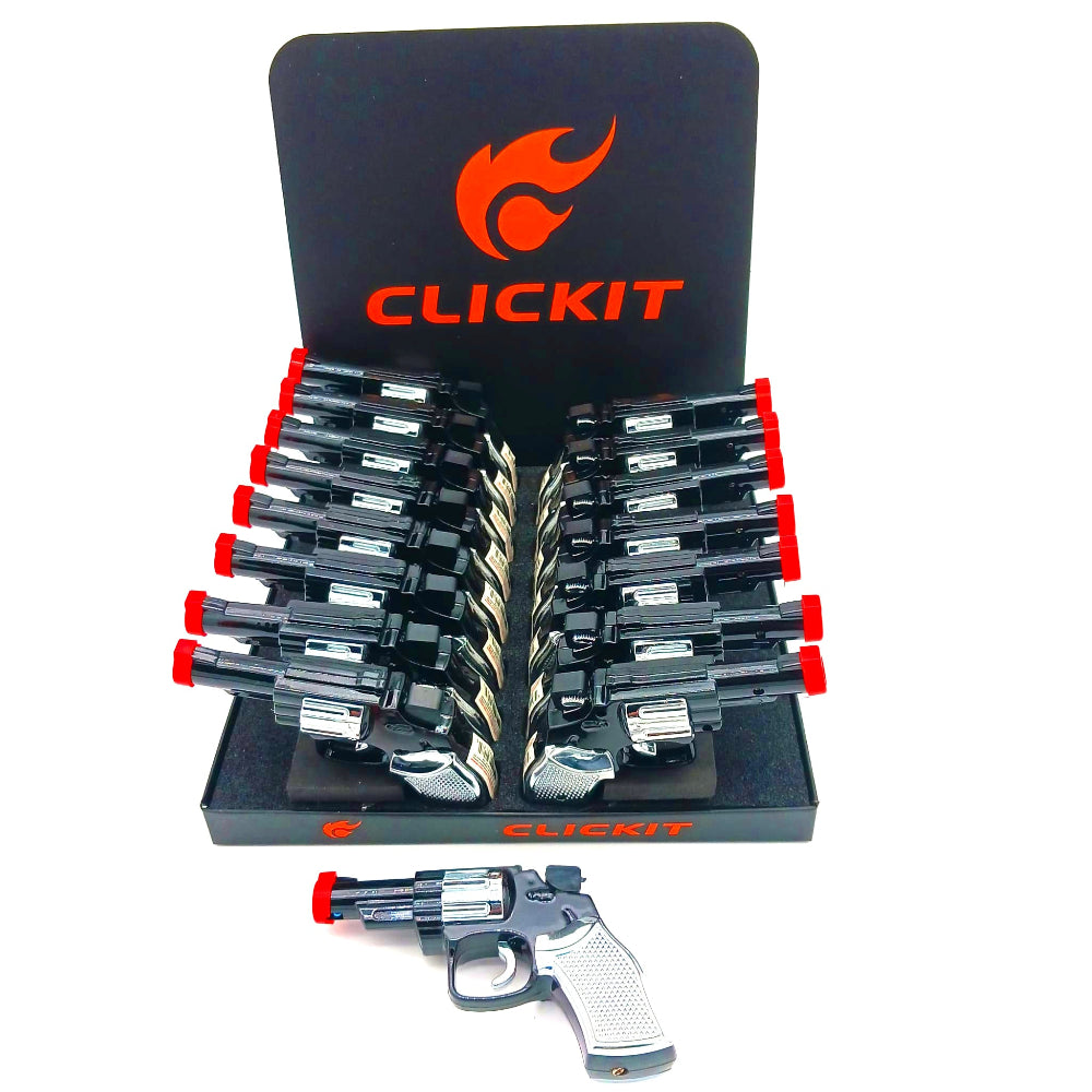 Clickit gun lighter 16 pcs display box with durable design, strong ignition system, and compact portable build for reliable everyday use.