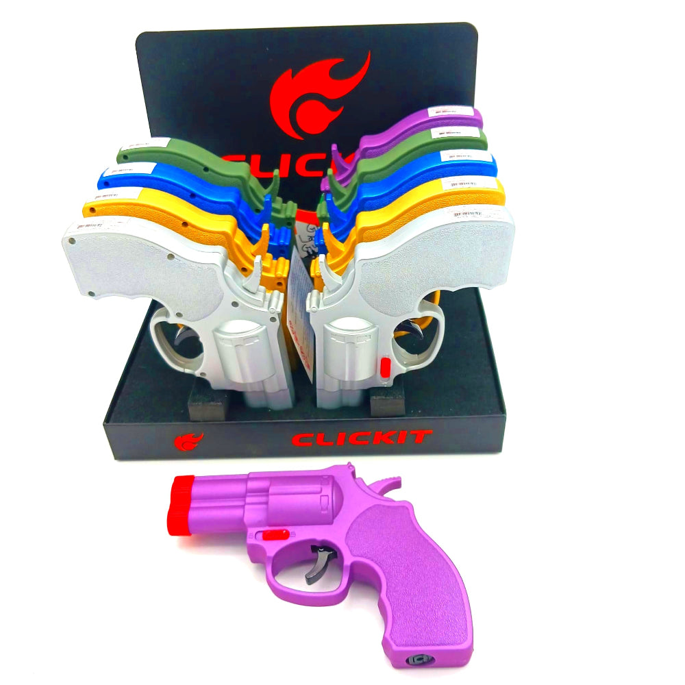Clickit large Ruger revolver gun torch in mix colors, 10 pcs display pack with strong jet flame, durable build, and unique revolver-style design.
