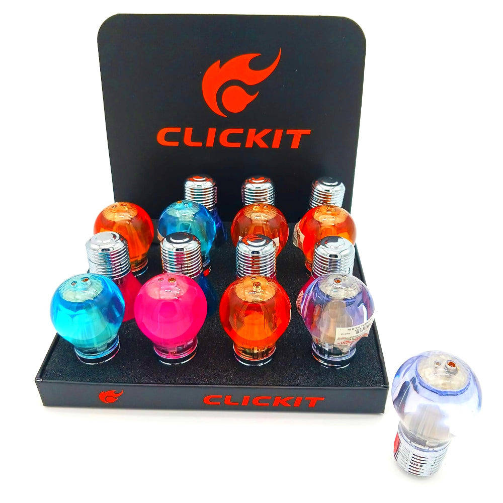 Clickit light bulb torch lighter mix color 16 pcs display pack with strong jet flame, durable build, and compact portable design for everyday use.