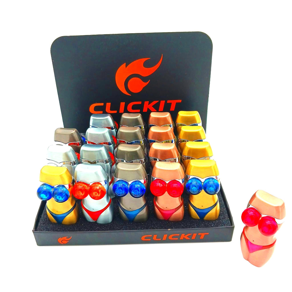 Clickit light up body figure single torch lighter mix color 20 pcs display pack with strong jet flame, durable build, and compact portable design.