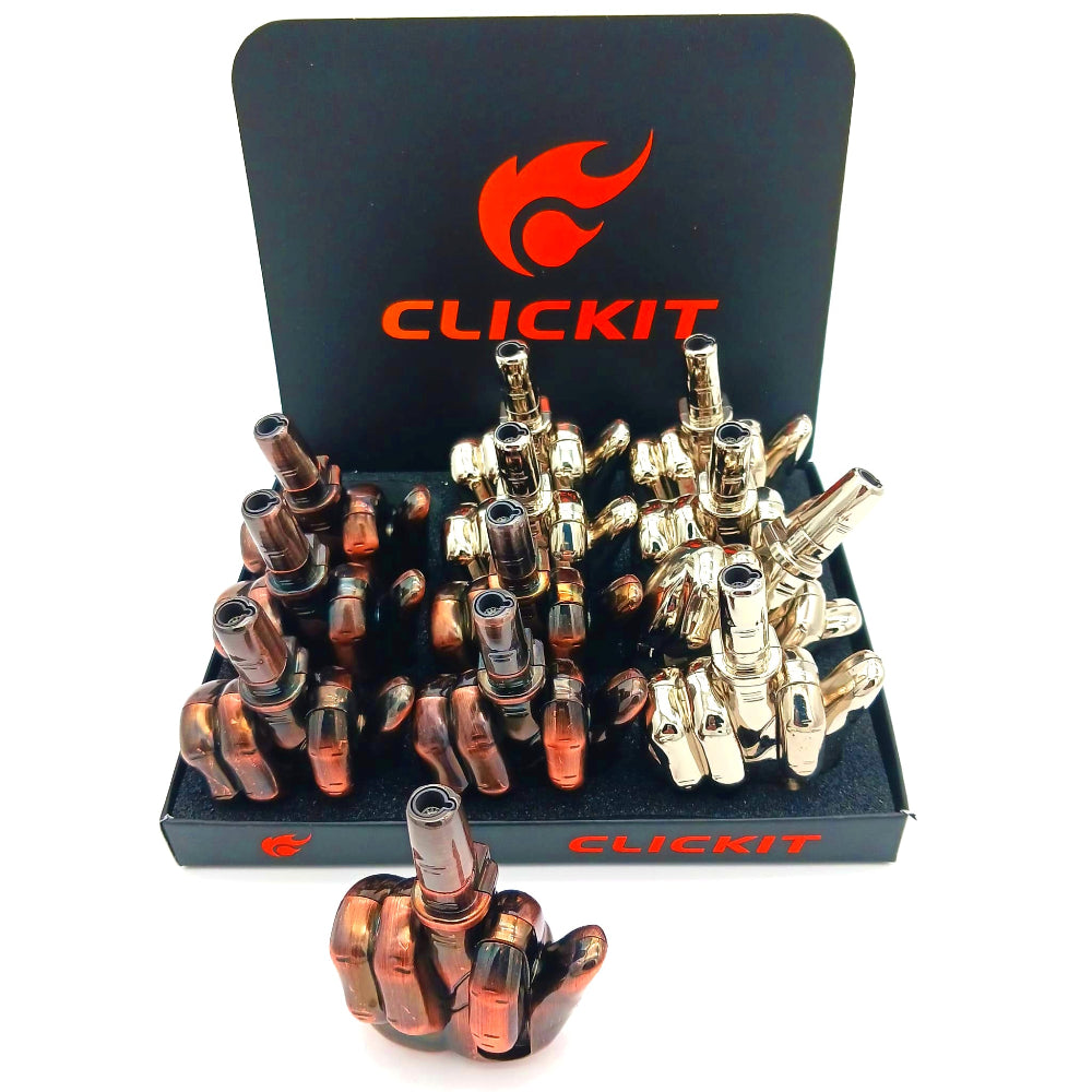 Clickit middle finger windproof torch lighter mix color 12 pcs display pack with strong jet flame, durable build, and compact wind-resistant design.