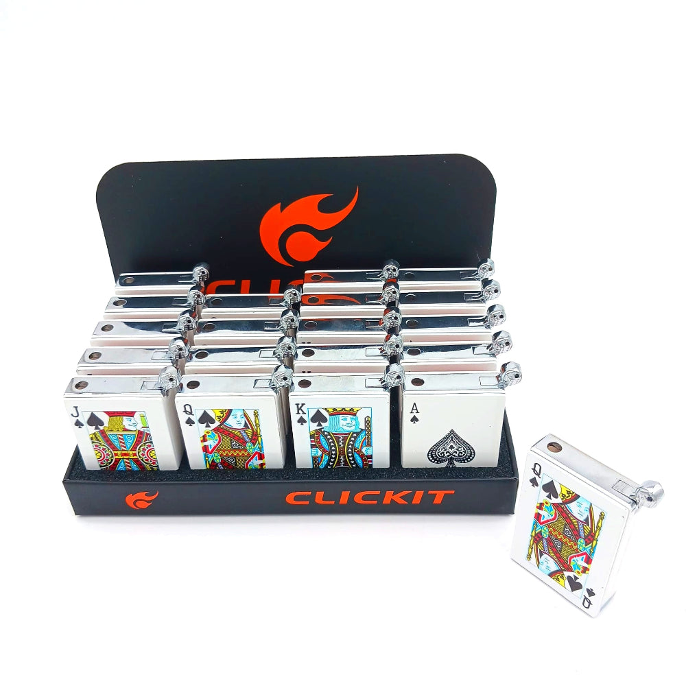 Clickit Playing Card lighter 20 pcs display pack with unique playing card design, compact size, and reliable ignition for everyday use.