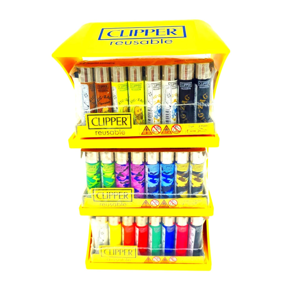 Clipper Lighter 3 Tier Display with Assorted Refillable Lighters Wholesale Packaging Box Display.