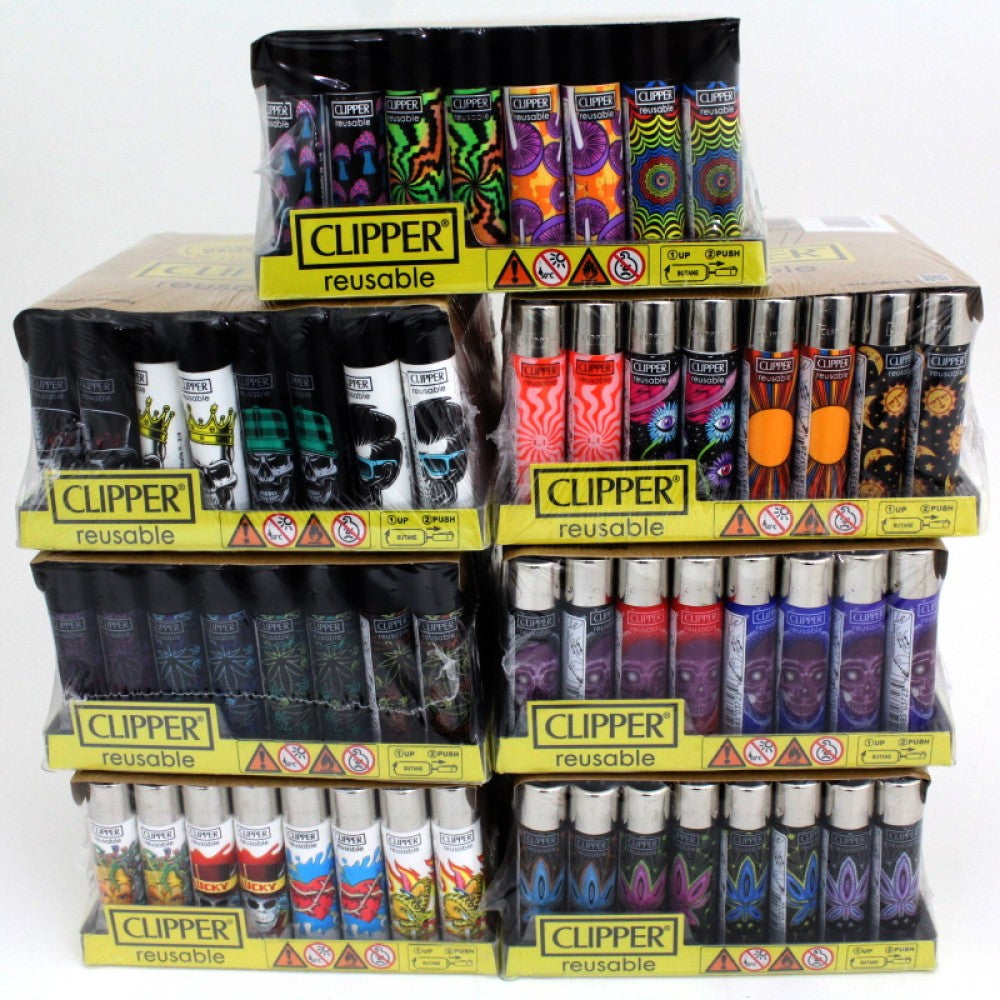 Clipper lighter assorted design and color 48 pack refillable reusable lighters with durable build and vibrant styles for retail and wholesale use.