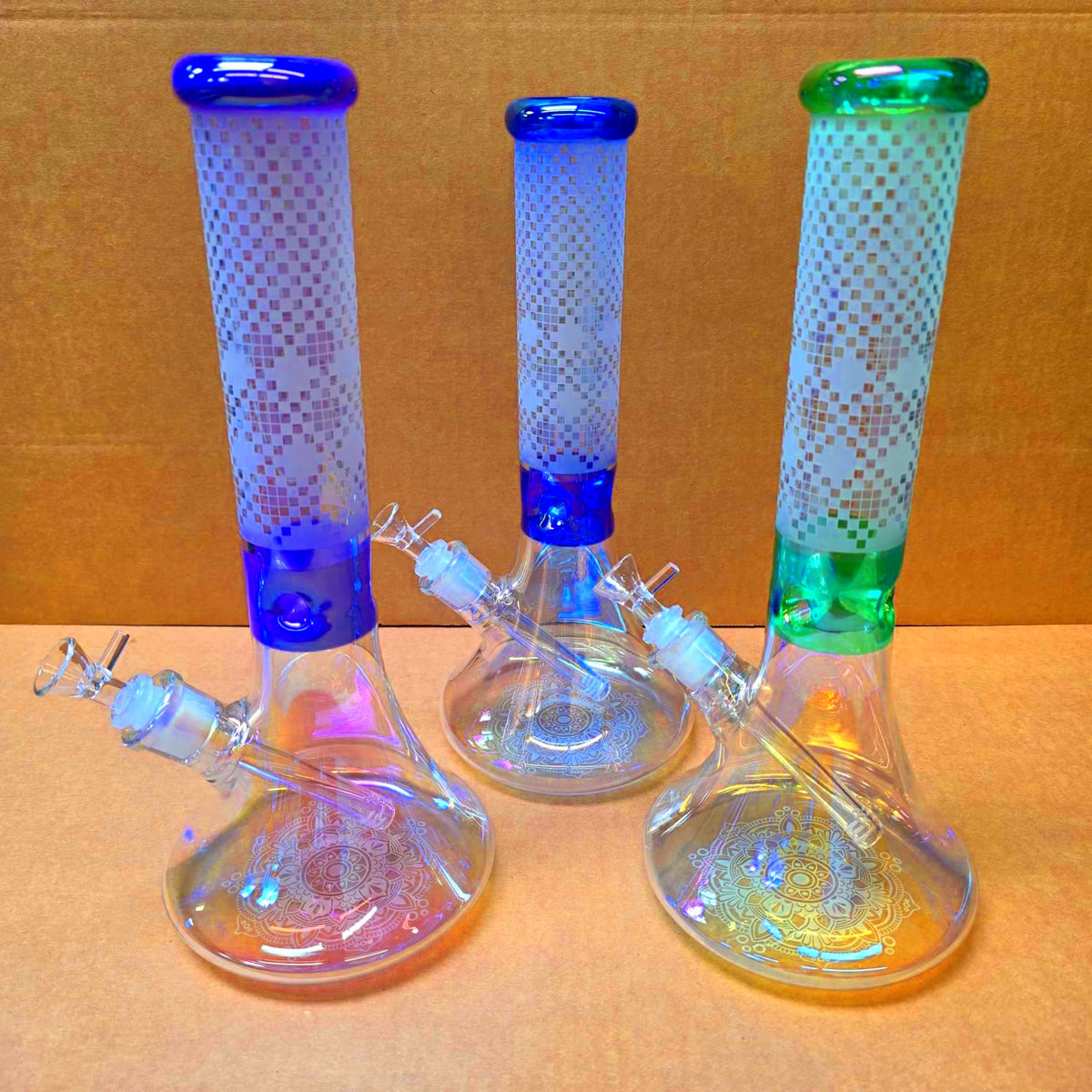 Close-up view of vibrant color art graphics wrapped around beaker glass tube