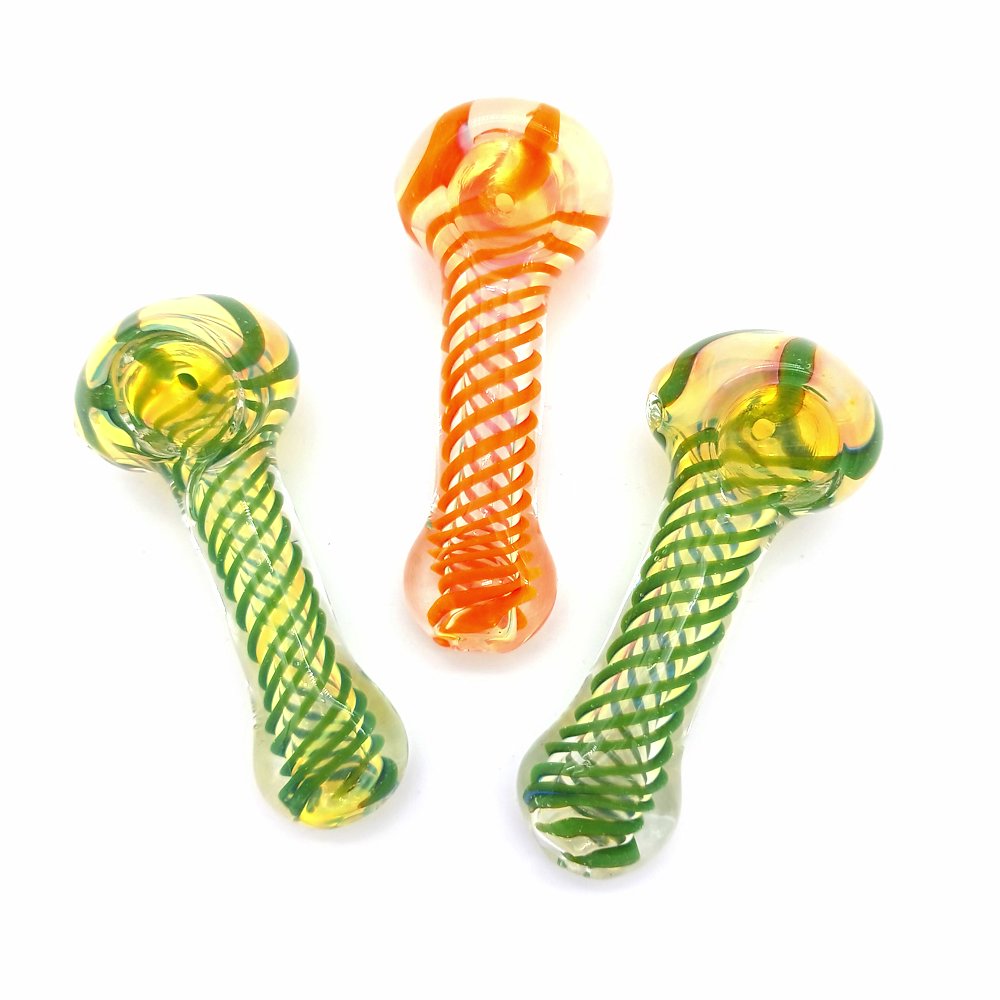 Swirl design glass hand pipe featuring colorful spiral glass artwork, durable thick glass construction, and compact ergonomic handheld design for smooth use.