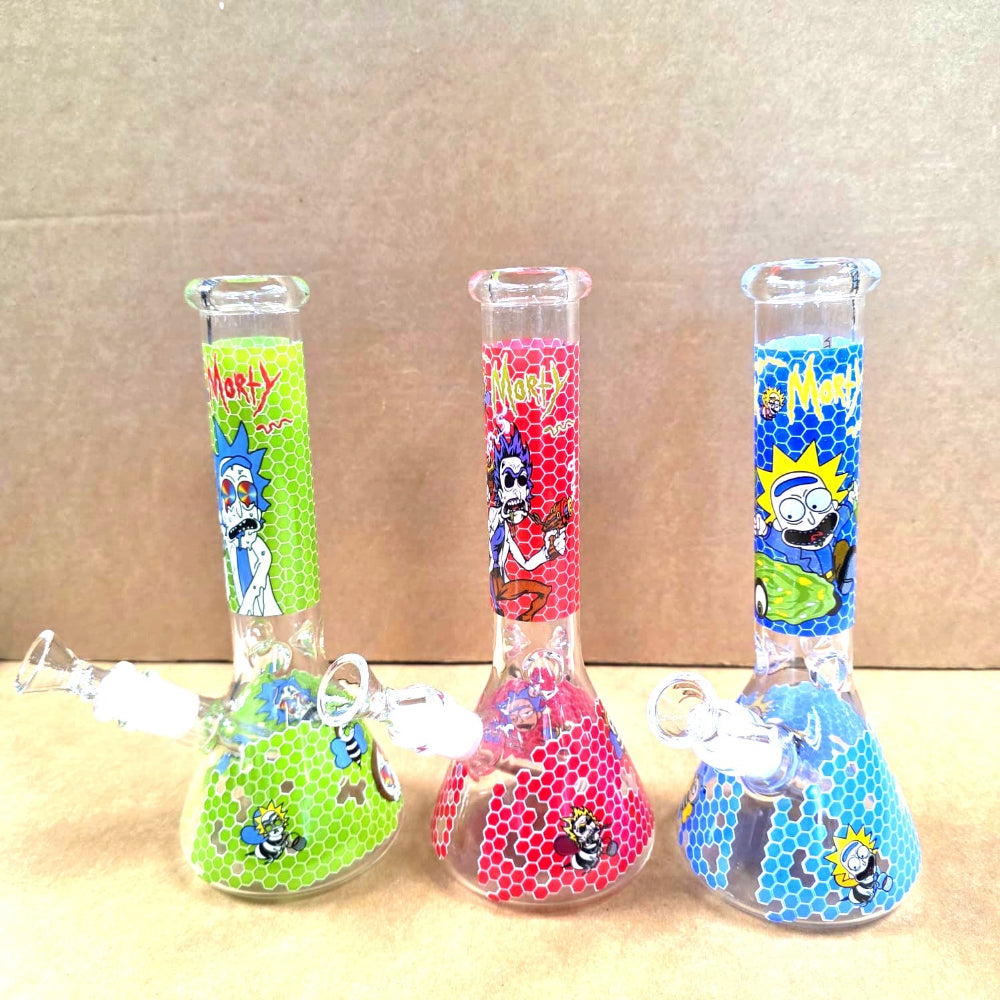 Beaker decal design colorful water pipe with 14mm male bowl, featuring vibrant graphics, durable glass construction, and a stable beaker base for smooth performance.