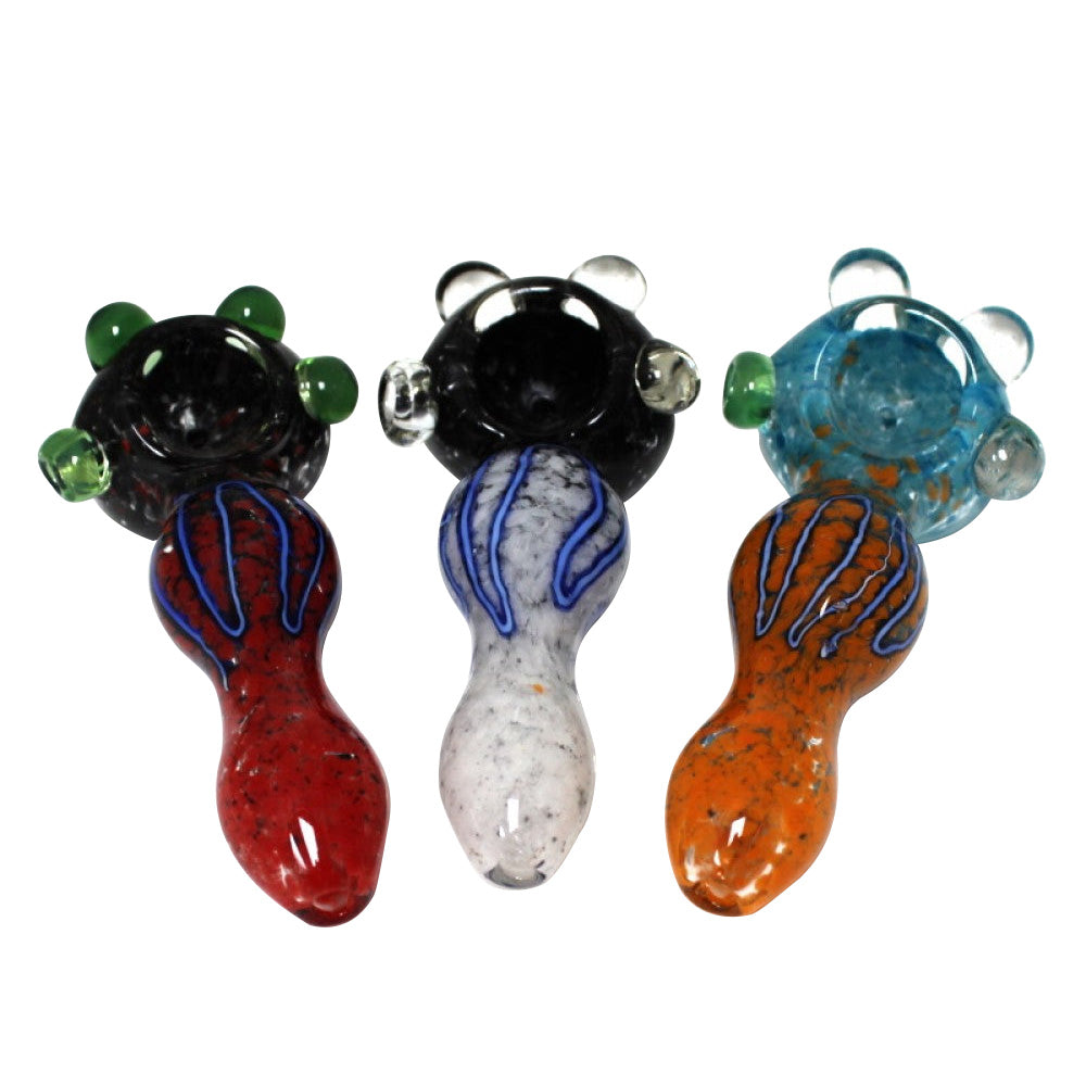 Cubed design multi color heavy duty glass hand pipe featuring thick durable glass construction and vibrant handcrafted color patterns.