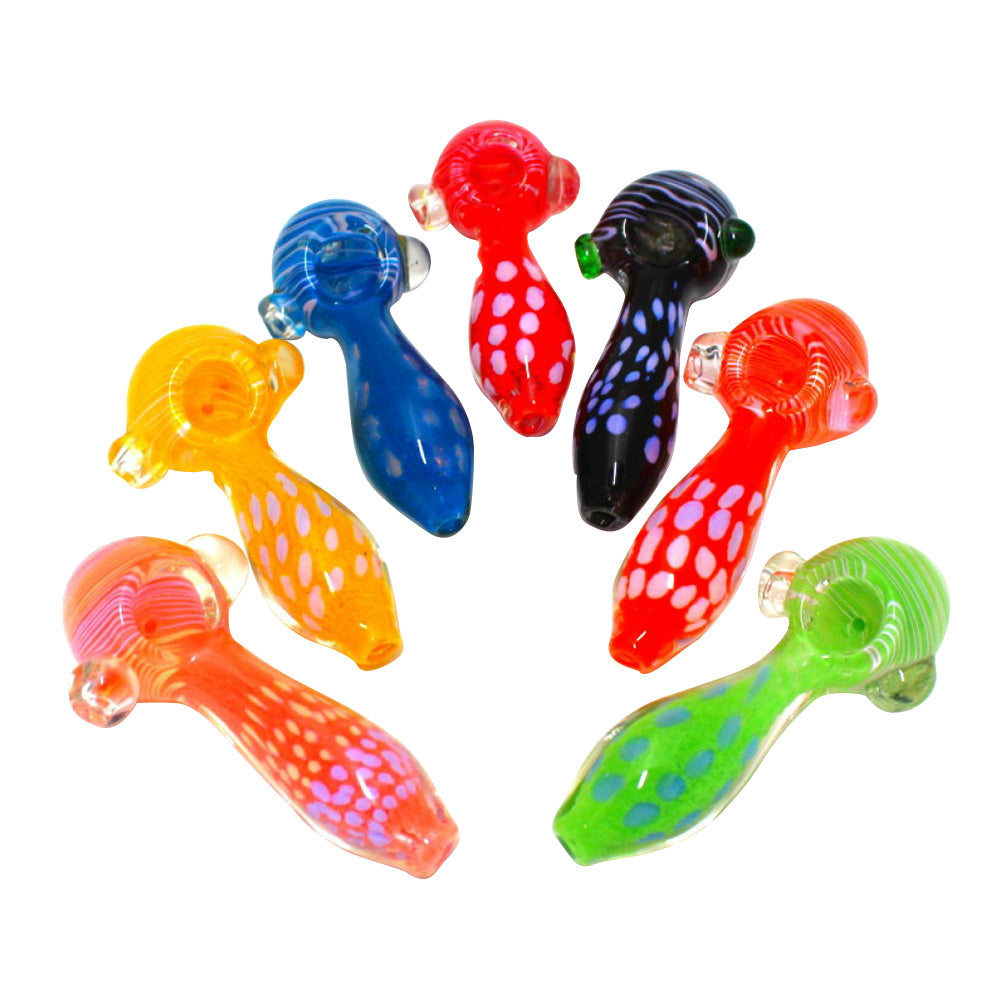 Colorful Dotted Design Heavy Duty Glass Hand Pipe with durable glass construction, vibrant dotted artwork, and smooth airflow design