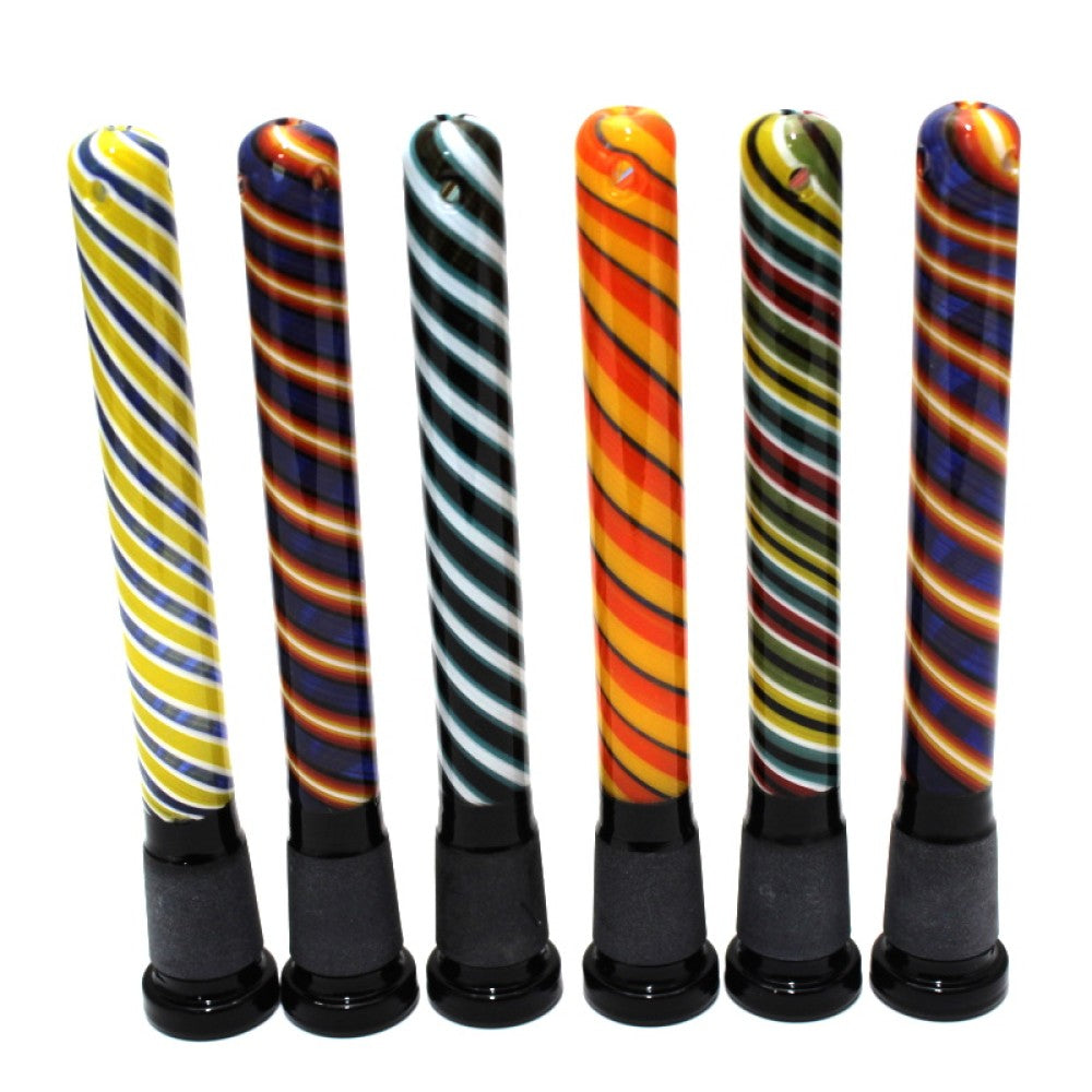 Colorful downstem 18MM male to 14MM female glass on glass adapter made from heat resistant glass for smooth airflow.