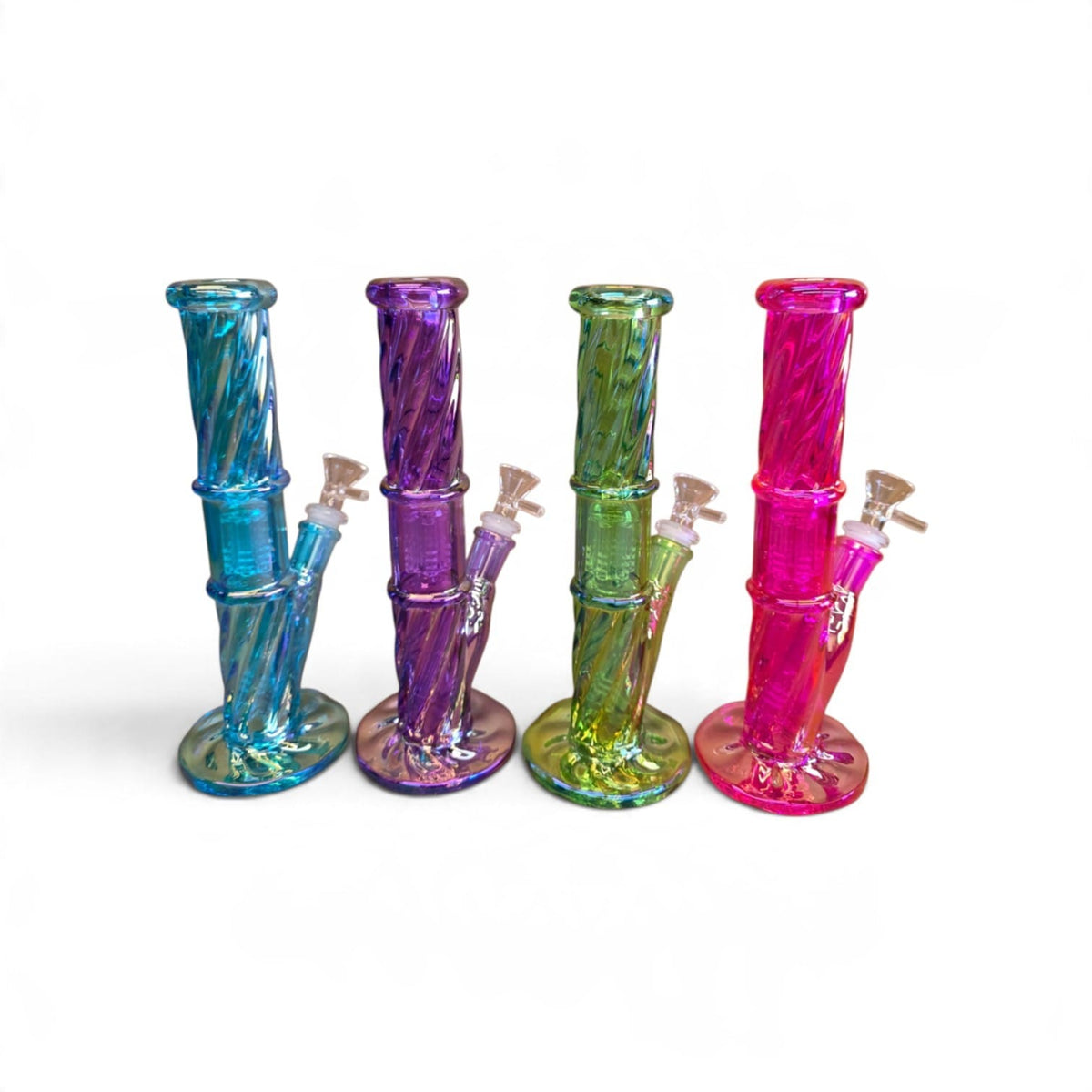 Full view of colorful flat bottom straight tube water pipe with internal tree percolator