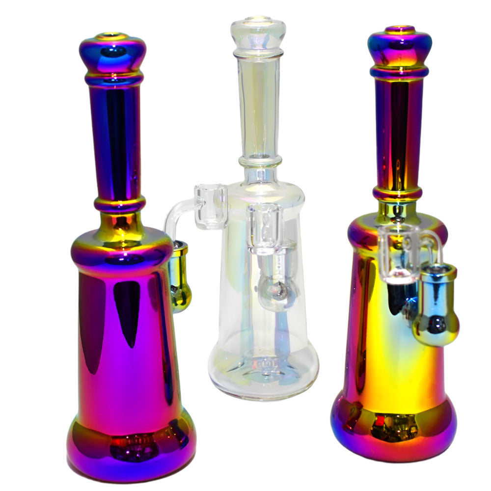 Colorful dab rig water pipe with 14mm male banger featuring vibrant glass design, durable construction, and smooth airflow system.