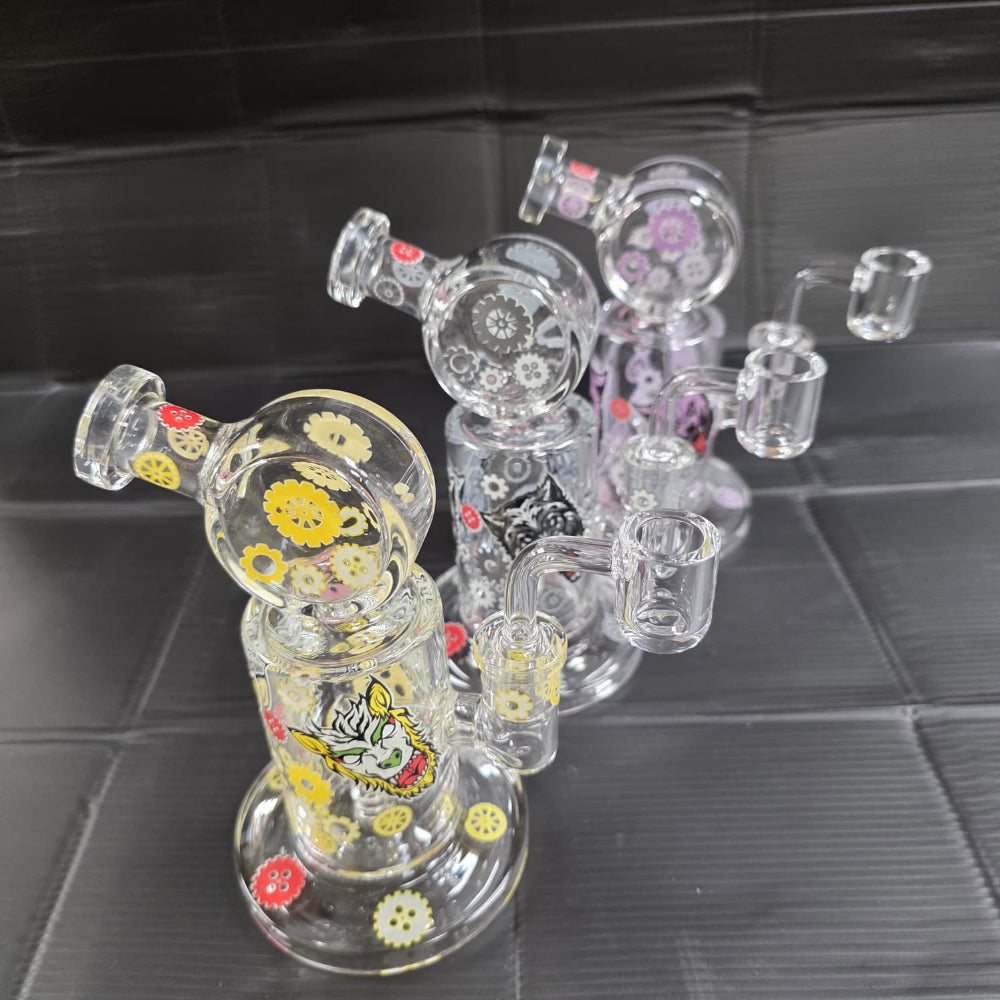 Colorful sticker glass water pipe with vibrant printed graphics, durable borosilicate glass, and a comfortable design for smooth, filtered smoking sessions.