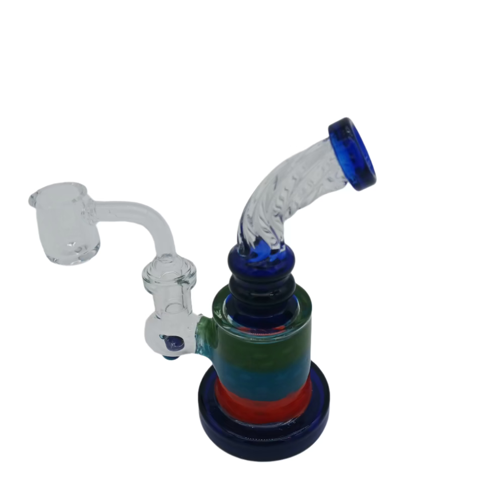 Colorful twisted top flat bottom dab rig water pipe made of durable glass with a 14mm male quartz banger for smooth and stable dabbing experience.