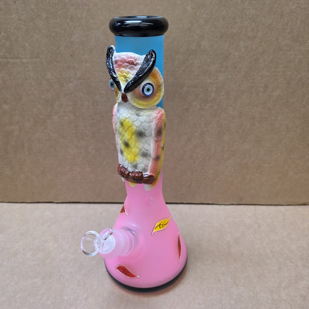 Colourful owl themed beaker glass bong designed for smooth water filtration and clean hits.