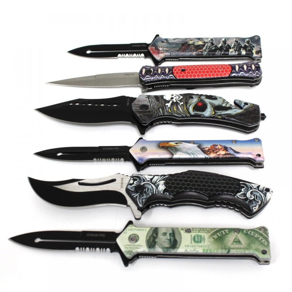 Compact folding knife in assorted styles featuring a pocket clip for convenient carry, ideal for general utility and outdoor use.