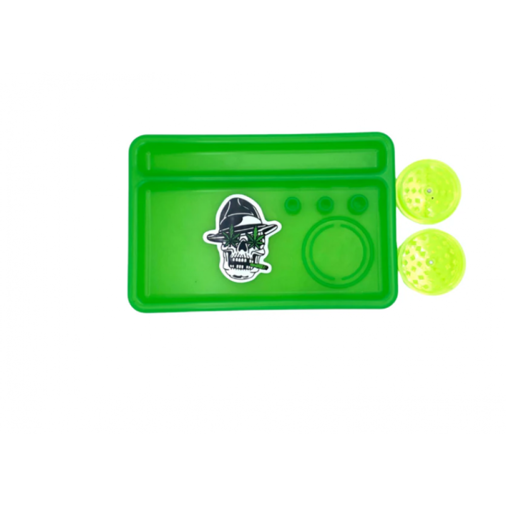 Multi-compartment plastic tray with integrated grinder, lightweight durable build, and organized storage design for convenient daily use.