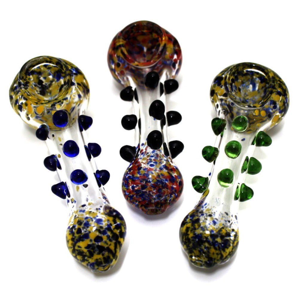 Confetti art dotted heavy duty glass hand pipe with colorful speckled detailing, thick glass construction, and handcrafted design.