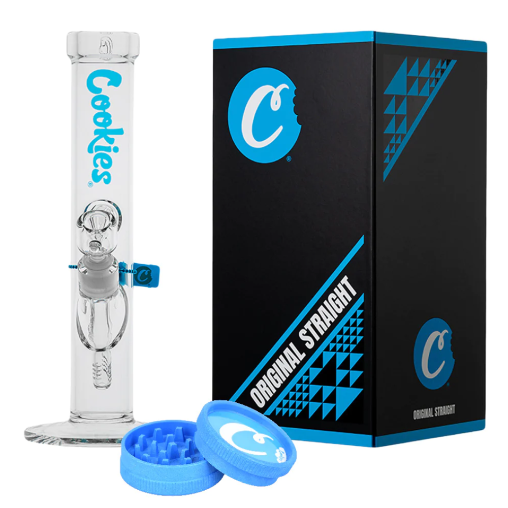 Cookies original straight tube glass water pipe featuring a durable glass build, classic straight design, and smooth water filtration for a clean smoking experience.