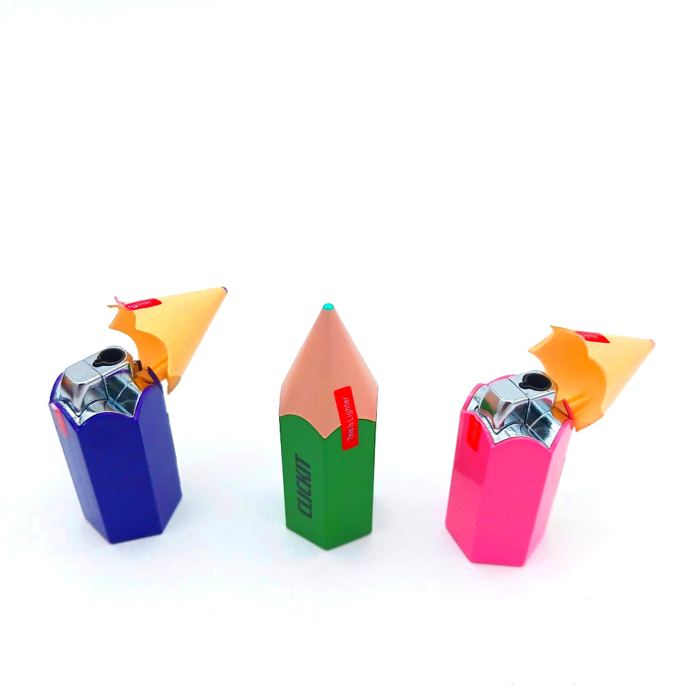 Crayon style torch Clickit lighter 20 pcs assorted colors box with powerful flame, sturdy construction, and lightweight ergonomic portable design.