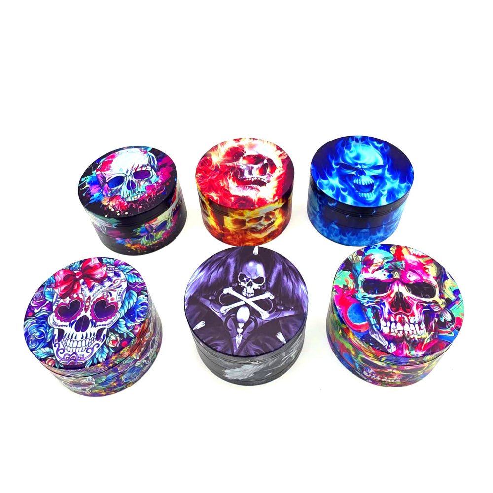 63mm 4 piece grinder with decorative decal design offering strong build quality, smooth grinding, and pollen collection.