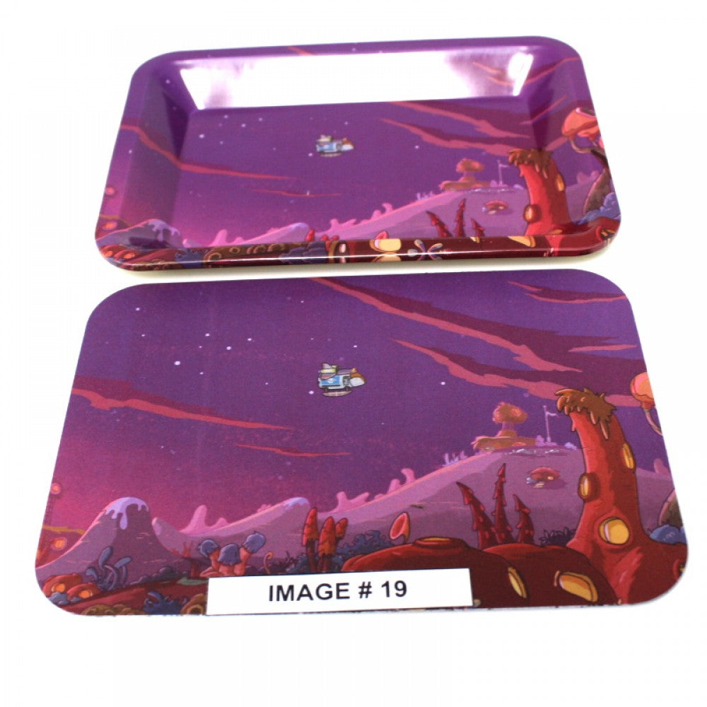 Decor metal rolling tray with art magnetic cover box design, durable and stylish storage tray.