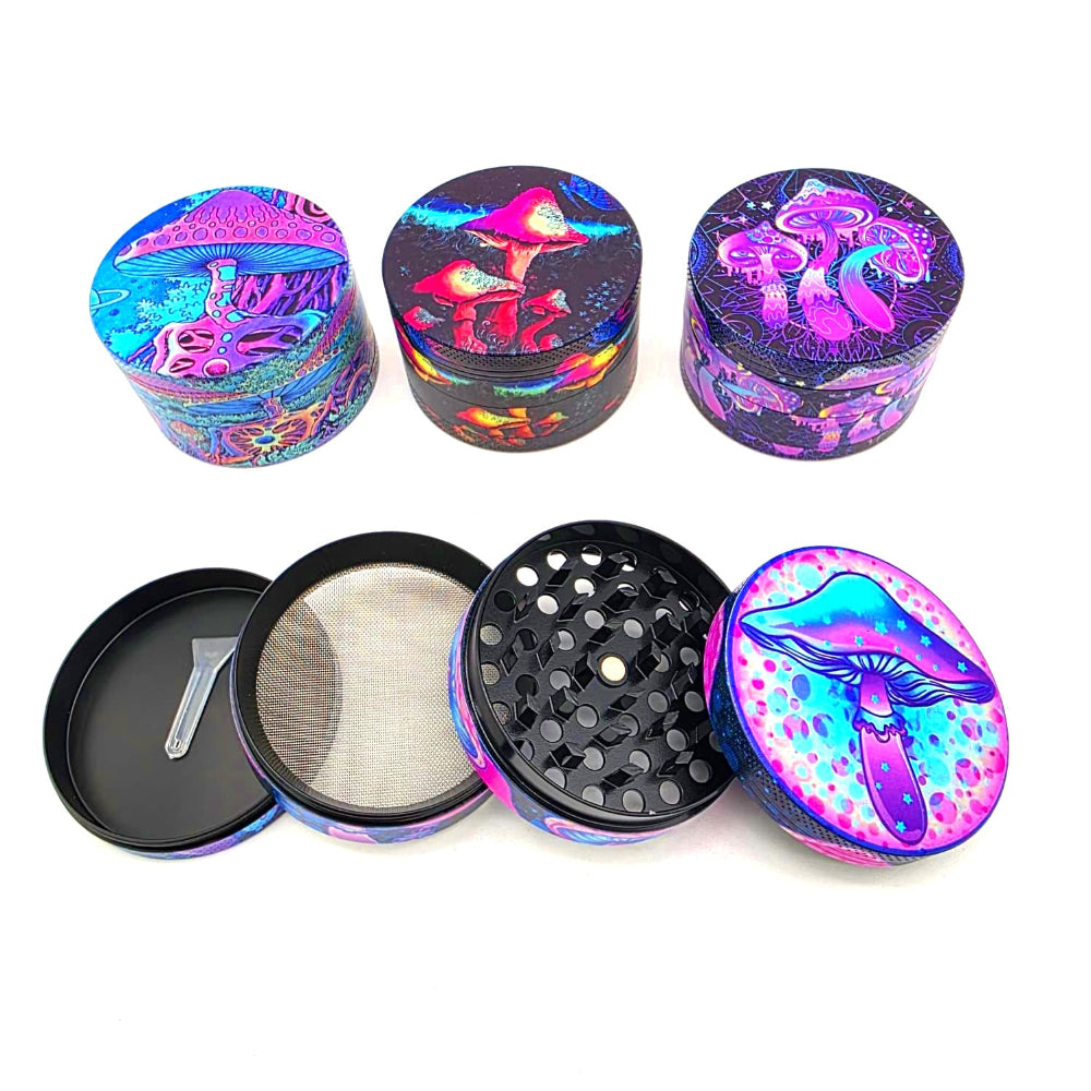 Decorative 63mm 4 piece herb grinder with sharp teeth, durable construction, and built-in pollen catcher for fine grinding.
