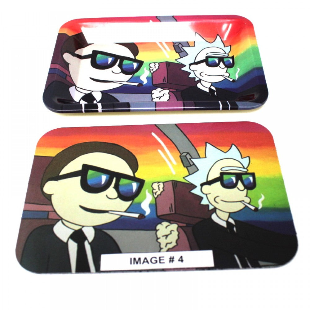 Decorative metal rolling tray with magnetic art cover lid, durable and smooth surface for everyday organization.