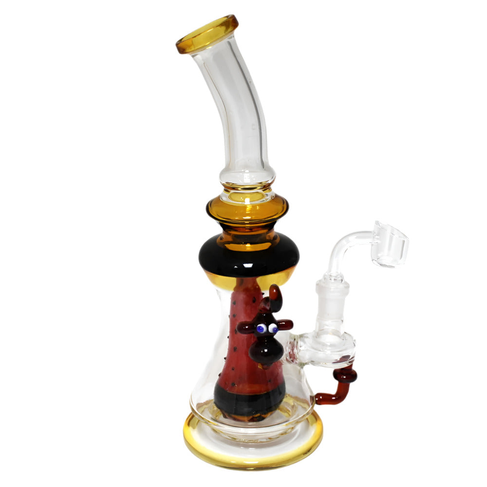 Decorative percolator water pipe with 14mm male banger featuring assorted artistic designs, smooth filtration, and durable glass construction.