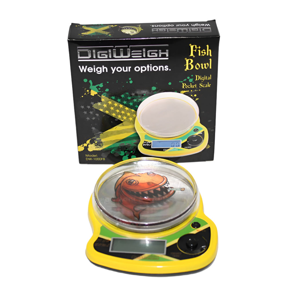 DigiWeigh DW-1000FB Fish Bowl digital pocket scale, 1000g capacity with 0.1g precision, compact design with LCD display for accurate portable weighing.