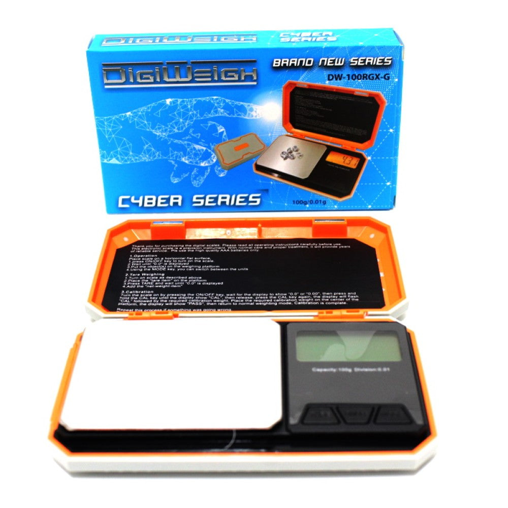 DigiWeigh DW-100RGX Cyber Series pocket scale, 100g capacity with 0.01g precision, compact digital scale with LCD display and portable design.