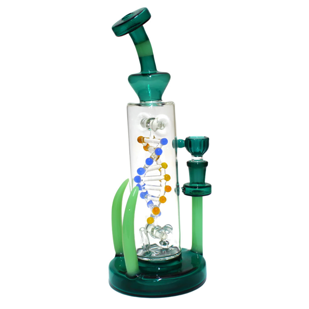 Rotating DNA design spinner water pipe with 14mm male banger, featuring dynamic spinning function, durable glass construction, and smooth airflow for enhanced filtration.