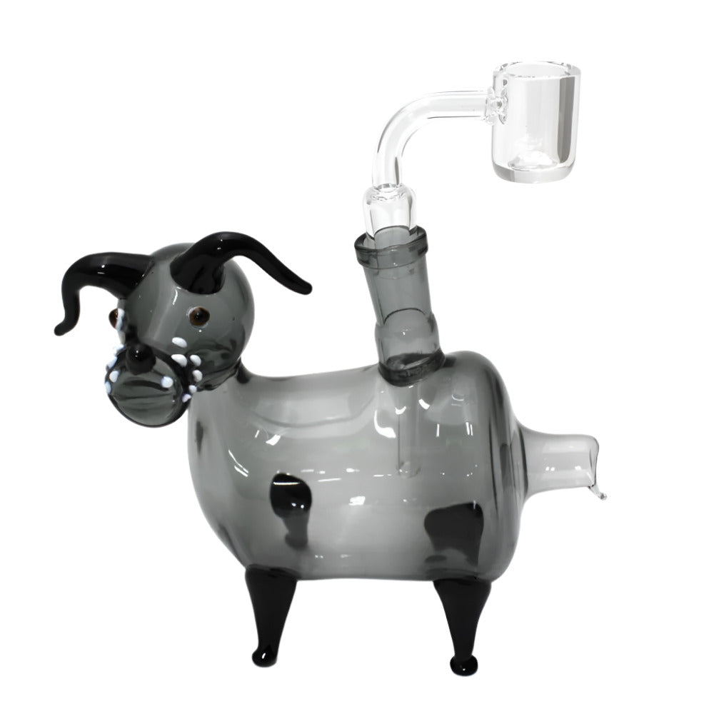 Dog Glass Pipe with 14mm Male Bowl and Banger featuring detailed glass craftsmanship, playful dog design, and durable smoking accessories compatibility.