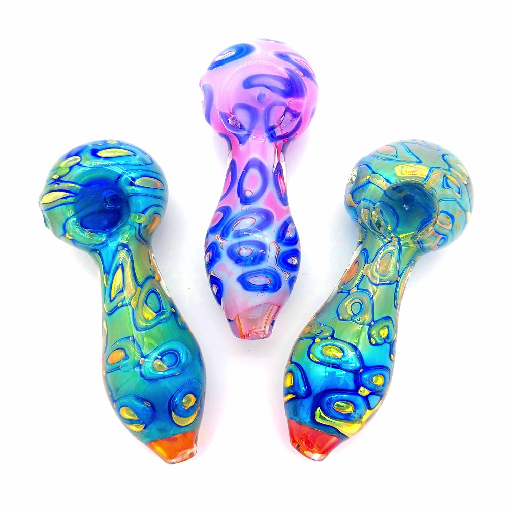 Dot art color heavy duty glass hand pipe featuring vibrant dotted artwork, thick durable glass construction, and compact ergonomic handheld design for smooth use.
