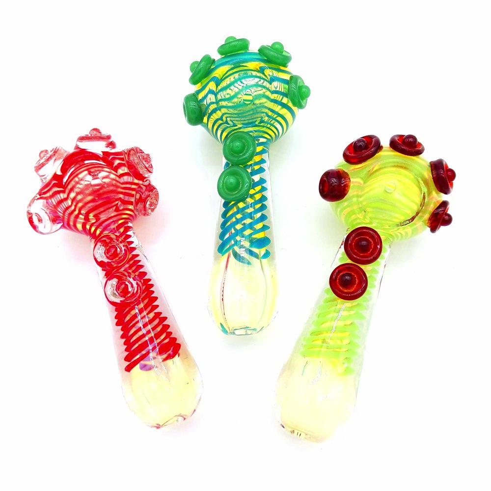 Dot color heavy duty glass hand pipe featuring colorful dotted design, thick durable glass construction, and compact ergonomic handheld design for smooth use.