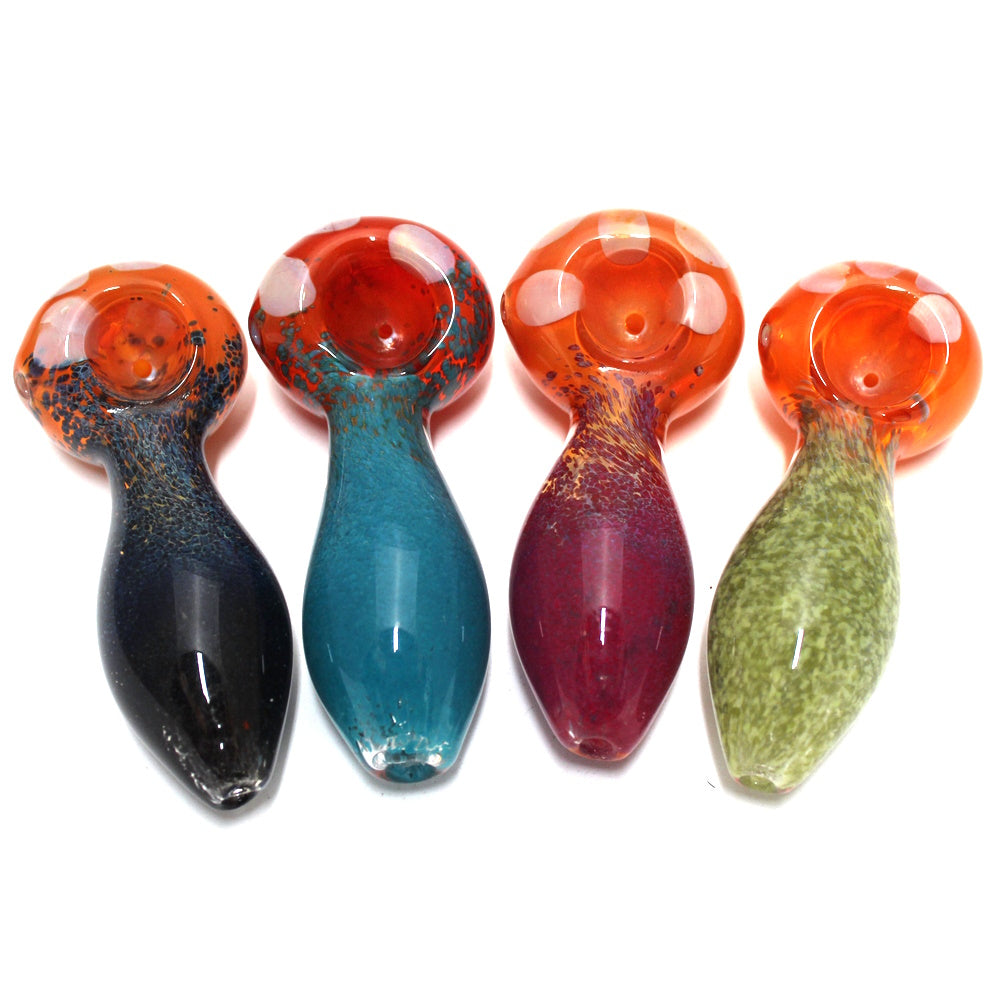 Head dotted assorted color heavy duty glass hand pipe, durable thick glass construction with smooth airflow and compact stylish smoking accessory design.