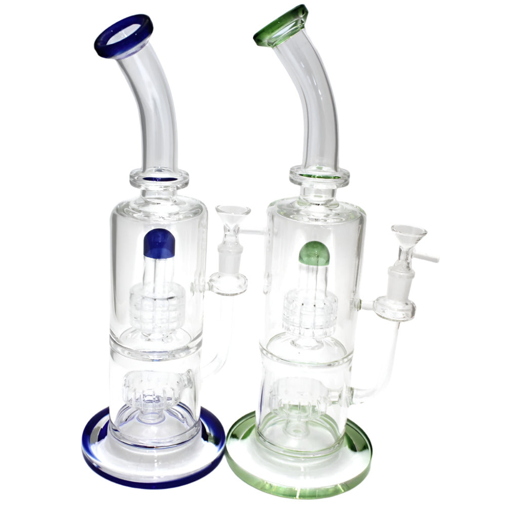 Double showerhead percolator water pipe with durable glass construction, advanced filtration system, smooth airflow, and enhanced cooling.