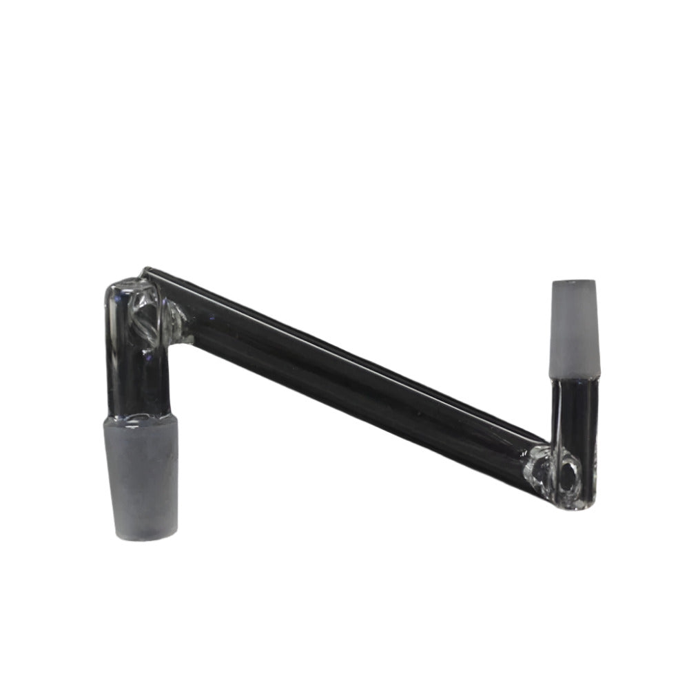 Drop down glass adapter 14MM male to 10MM male made from heat resistant glass for secure connection and smooth airflow.
