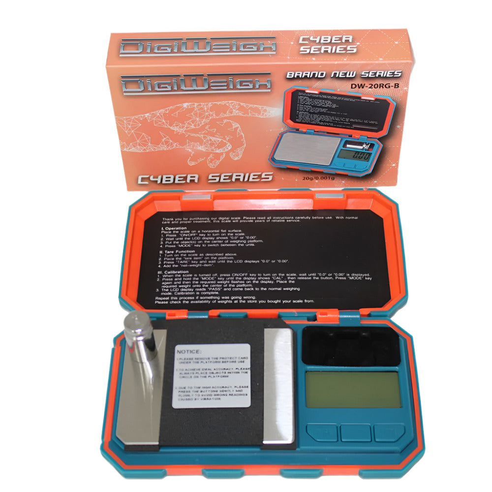 DW-20RGB DigiWeigh Cyber Series Digital Pocket Scale with 20g capacity and 0.001g accuracy, RGB display, compact design, and ultra-precision weighing.