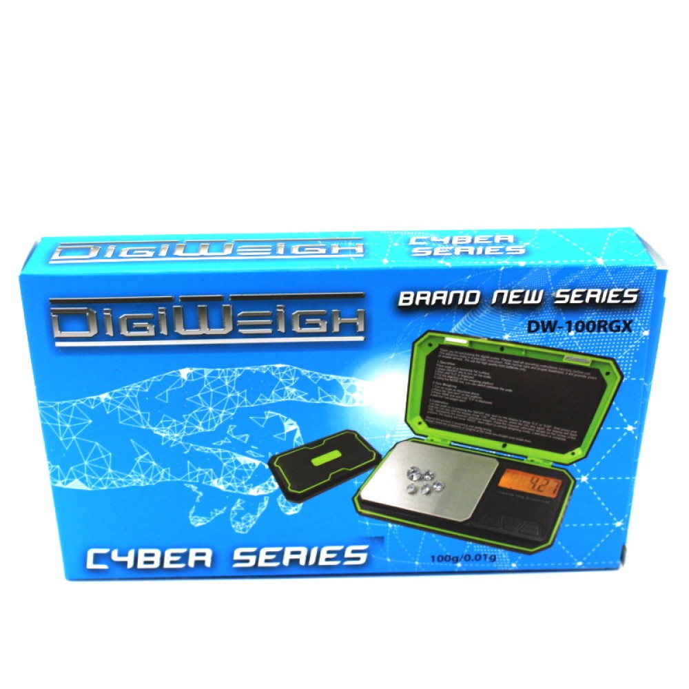 DigiWeigh DW-100RGX Cyber Series pocket scale with 100g capacity and 0.01g precision, compact digital weighing device with LCD display and portable design for accurate measurement.