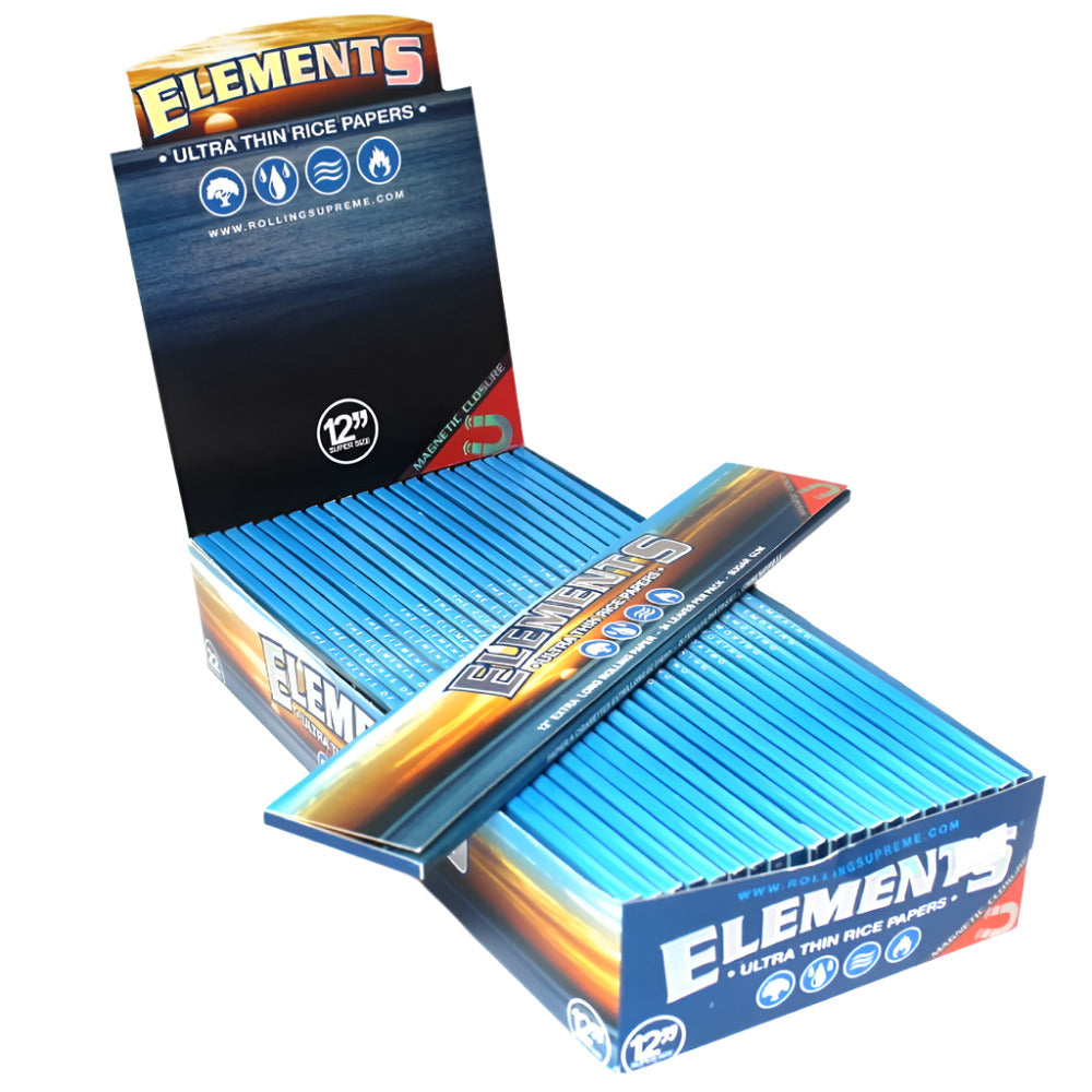Elements Supersize rolling papers 12 packs 22 count box, ultra-thin slow-burning large papers designed for smooth and consistent rolling experience.