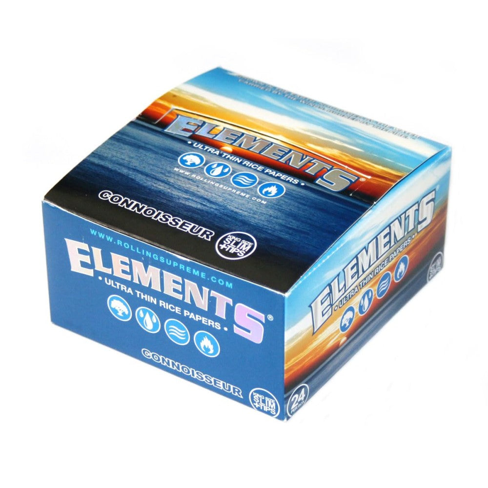 Elements Ultra Thin King Size Slim Connoisseur papers with tips 24CT, ultra-thin slow-burning papers and filter tips for smooth rolling convenience.