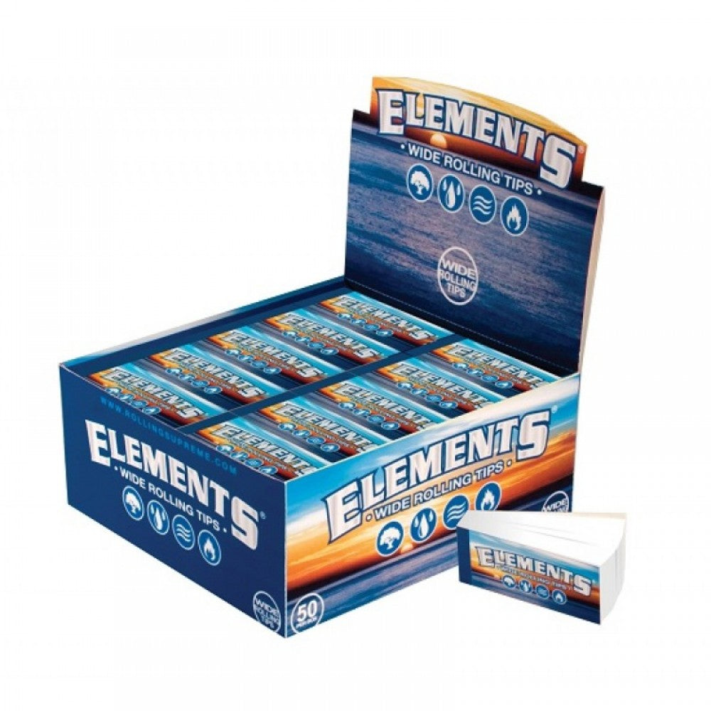Elements Wide Tips 50 count pack, high-quality paper filter tips designed for smooth airflow, easy rolling, and consistent structure support.