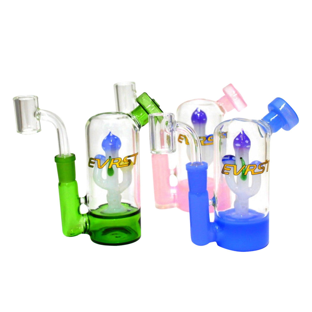 Small EVRST dab rig water pipe with 14mm male banger, compact glass design built for smooth airflow, durability, and efficient concentrate use.
