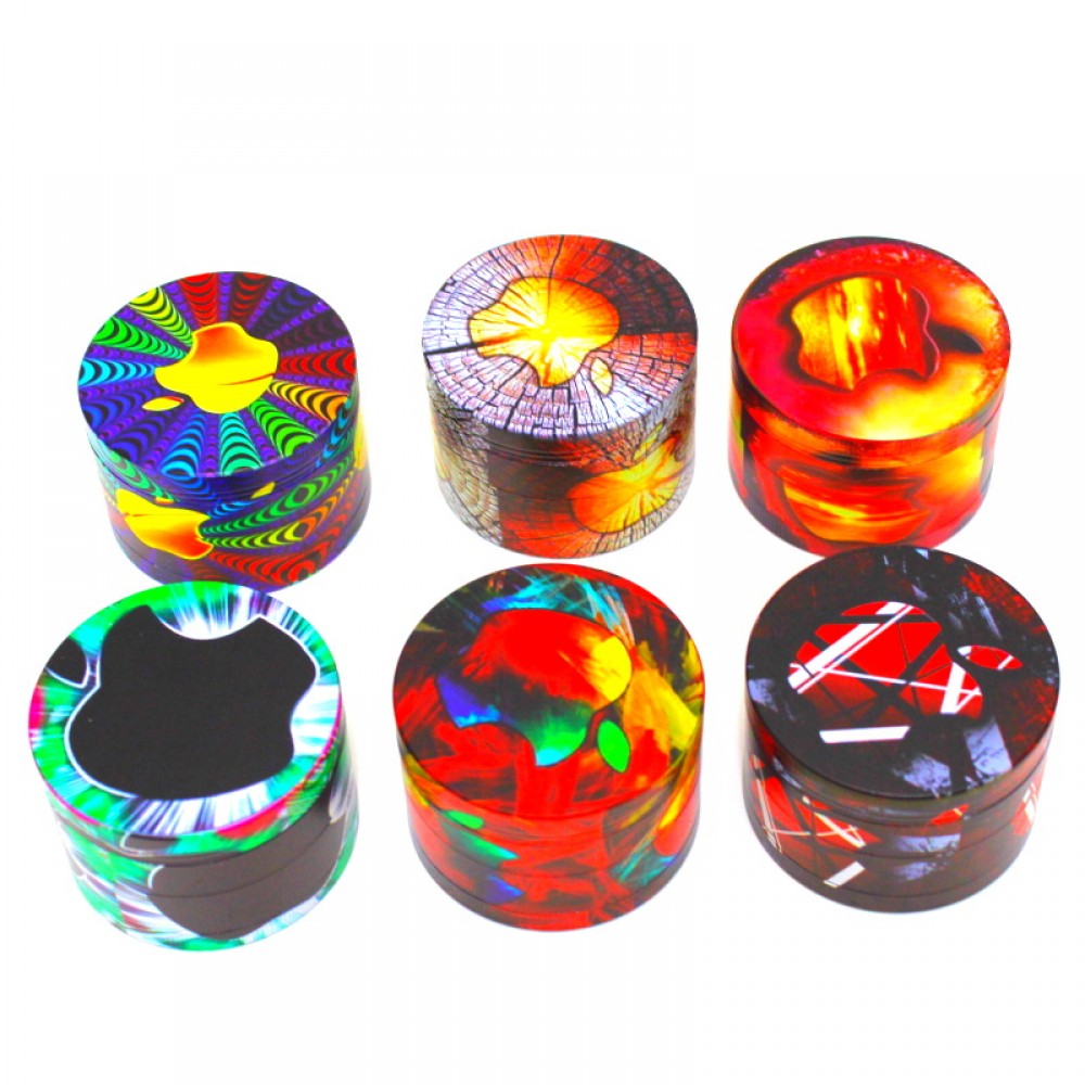 63mm 4-part fancy color decal metal grinder with stylish design, sharp diamond teeth, magnetic lid, and smooth herb grinding performance.