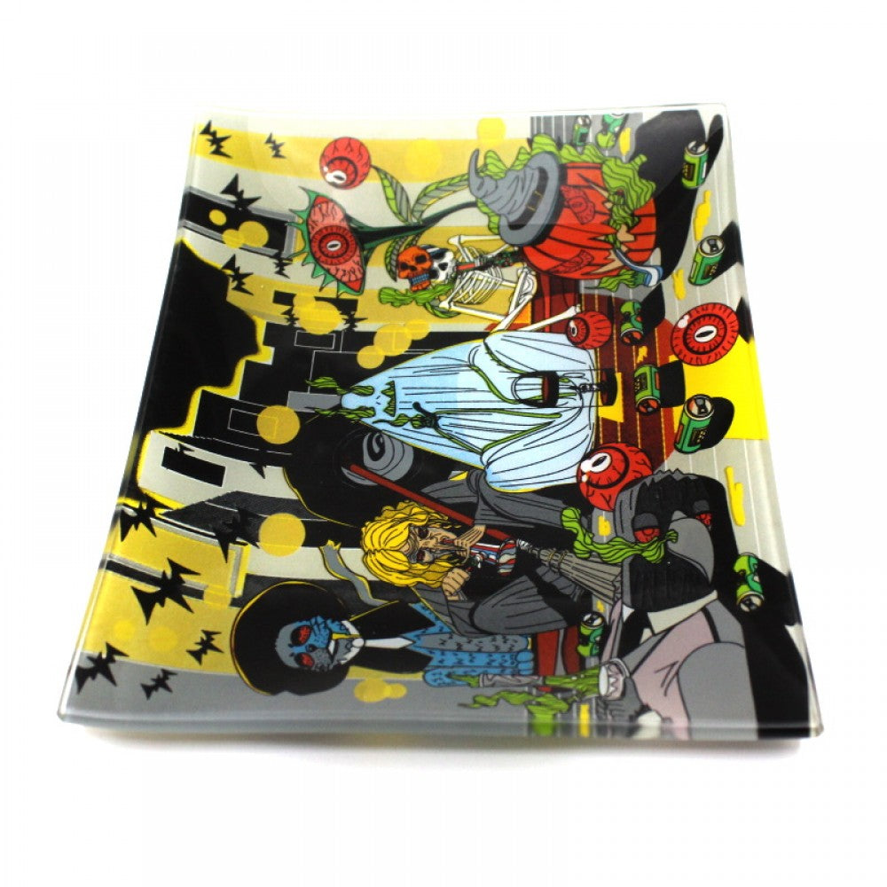 Fancy decal design glass rolling tray with smooth tempered surface, durable build, and raised edges for secure, stylish, and easy everyday use.