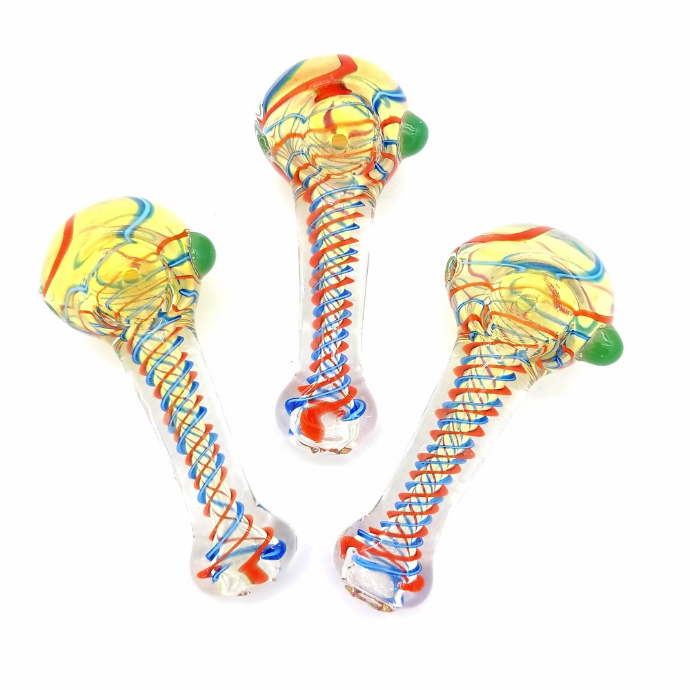 Fancy spiral design glass hand pipe featuring elegant swirl glass artwork, thick durable construction, and compact ergonomic handheld design for smooth use.
