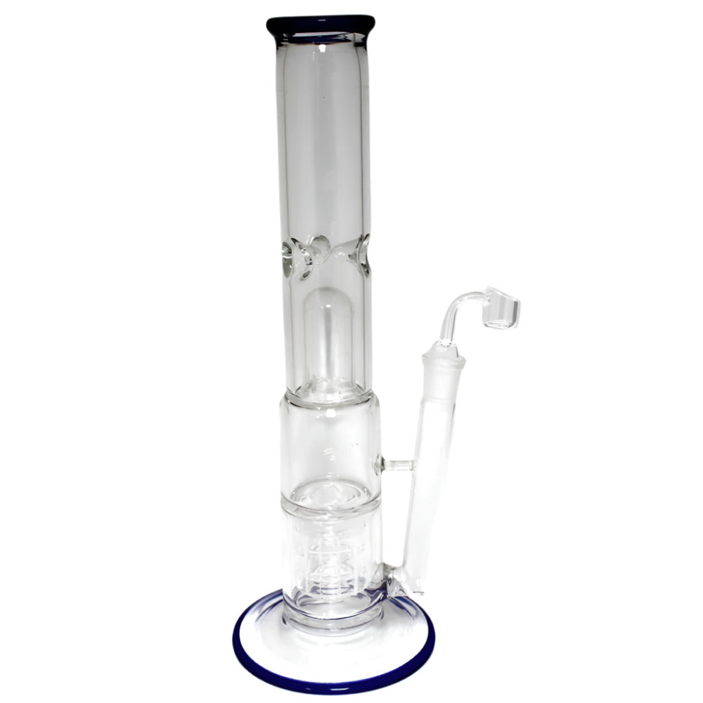 Flat bottom dome percolator water pipe with durable glass construction, stable base, and 18mm male banger for smooth airflow and filtration.